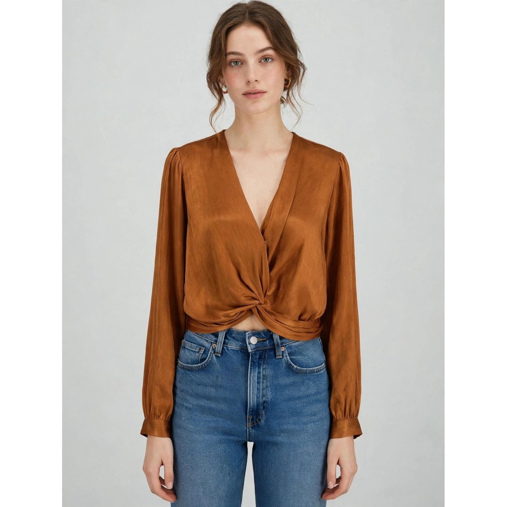 DO+BE Twist Front Blouse Womens Small Bronze Brown Satin Long Sleeve Cropped